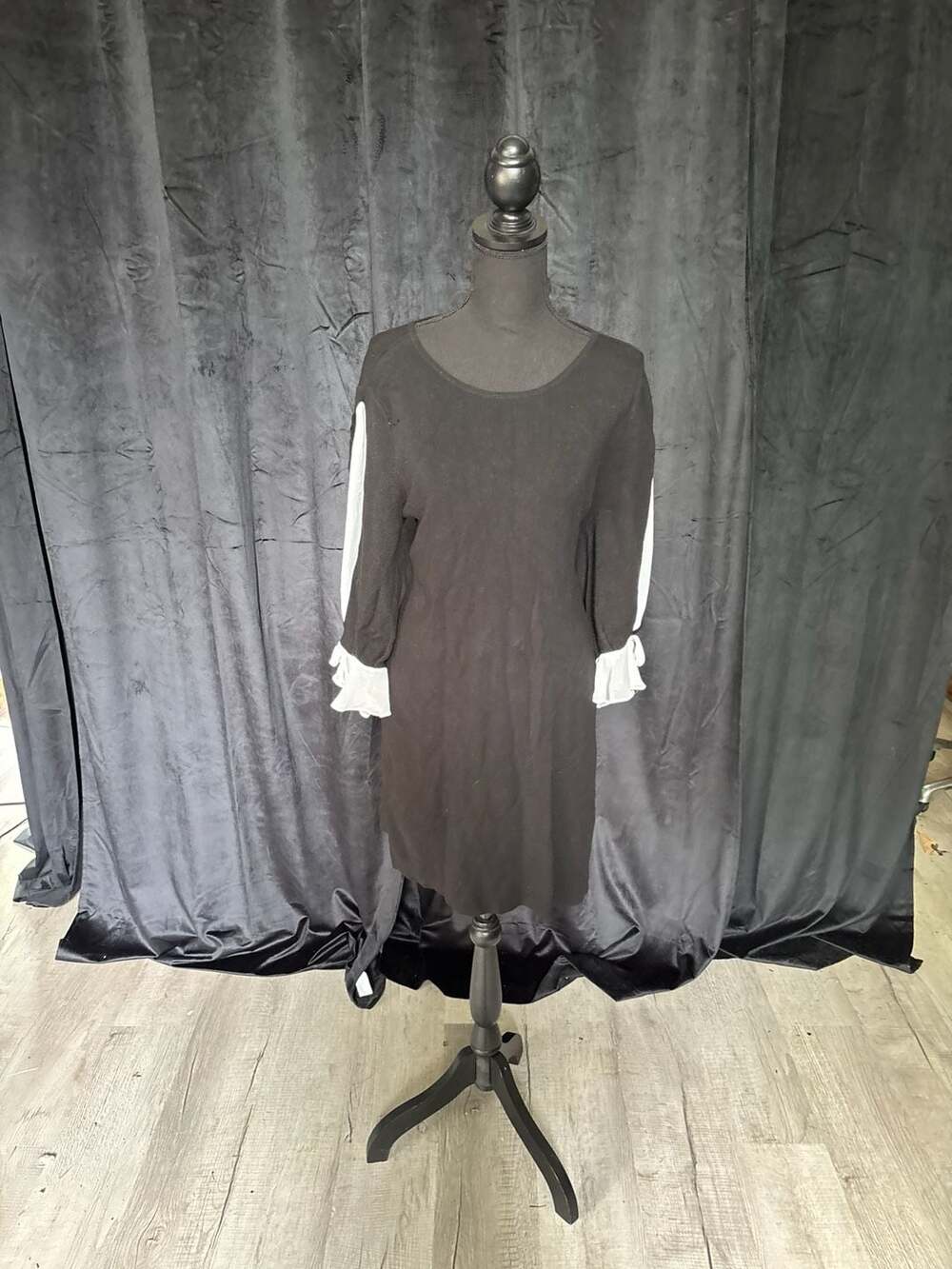 New York & Company Black Knit Dress with White Ruffle Cuffs Size M
